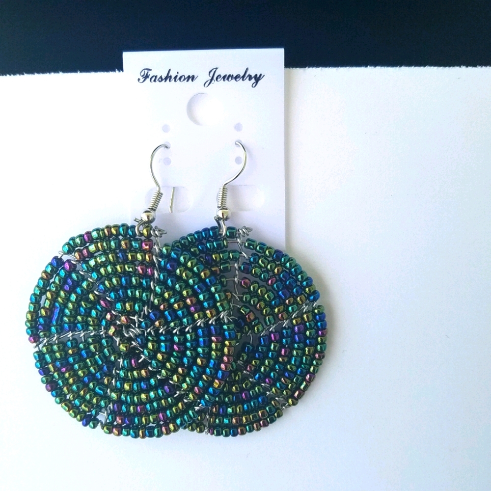 COPY - Beaded Earrings, Shiny Grey Color, Round Earrings